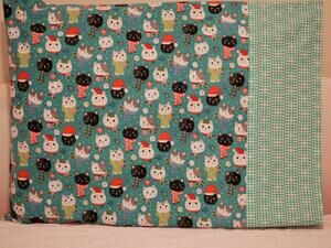 Handmade Christmas Kittens Pillowcases, Northcott Cotton Print, Turquoise Set